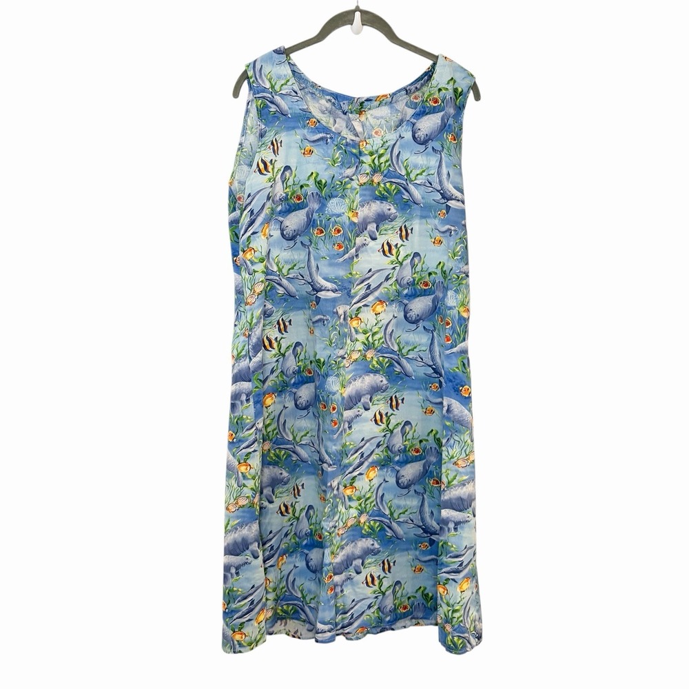 90s Handmade Dress S/M Blue Dolphin Beach Ocean Coastal Nautical Aquarium Fish